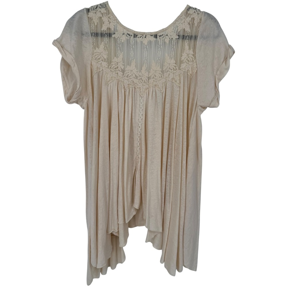 Free People Boho Lace Trim Asymmetrical Hem Linen Cotton Tunic Top Size Large